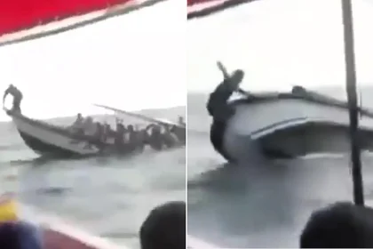 A boat packed with tourists capsized in heavy waves off Santa Marta, Colombia, with dramatic footage showing it flip upside down - but everyone on board was rescued.