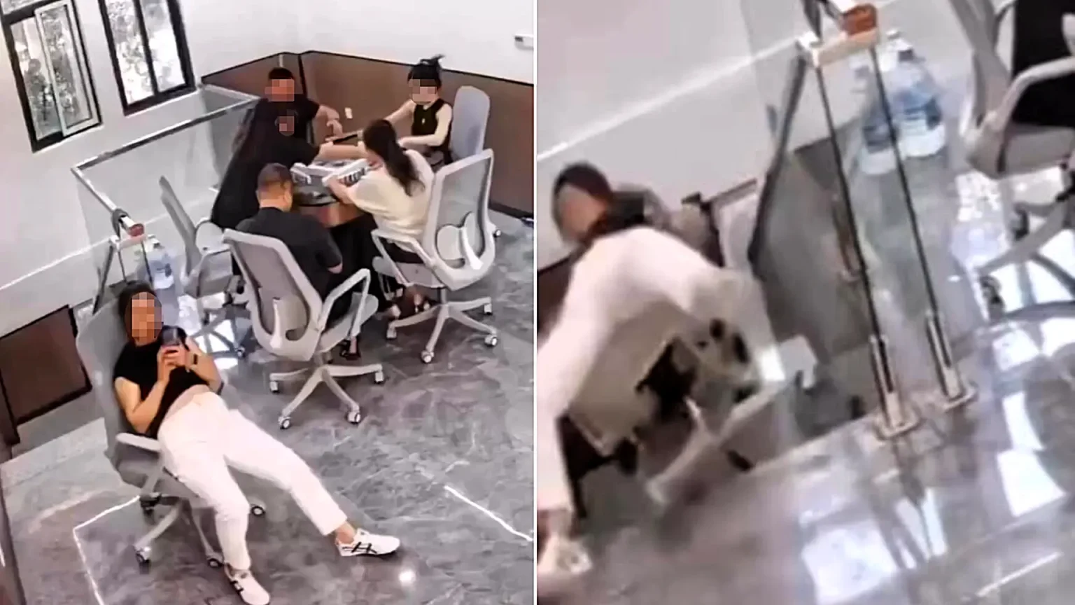 A bored office worker was filmed tumbling down a flight of stairs in her chair while glued to her phone - and didn't look up until she'd already gone over.