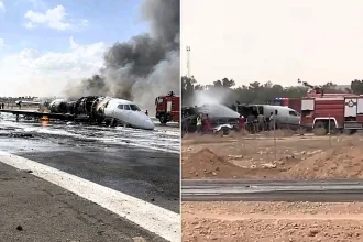 A brand-new private jet has run off the runway and burst into flames while landing - with all three crew members surviving the terrifying incident.