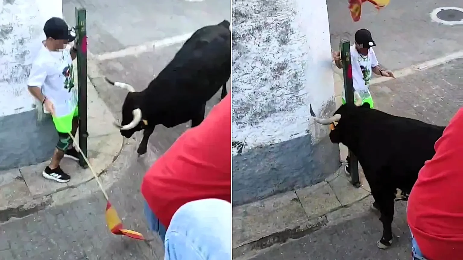 A daredevil bull runner in Spain narrowly escaped being gored after squeezing behind a thin pole as a charging bull slammed its horns either side of his body.