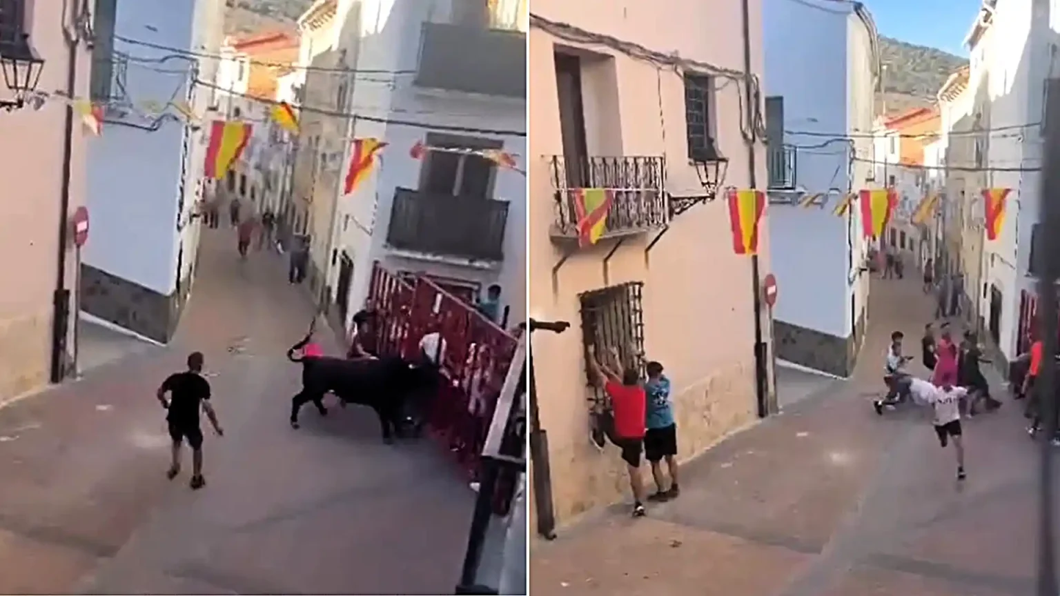 A man was airlifted to hospital with a collapsed lung after a bull charged head-first into him and tossed him through a barrier during a Spanish bull run.