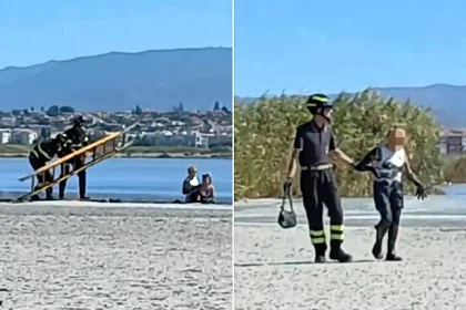 Two tourists chasing flamingo photos ignored danger signs and sank waist-deep in quicksand-like sludge at a protected Sardinian park - and now face hefty fines.