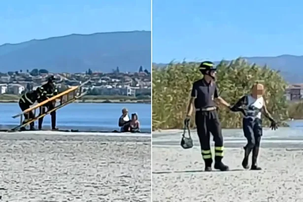 Two tourists chasing flamingo photos ignored danger signs and sank waist-deep in quicksand-like sludge at a protected Sardinian park - and now face hefty fines.