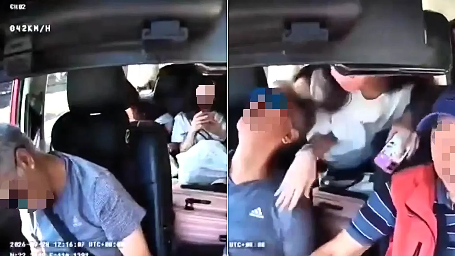 Terrifying moment passengers grab the wheel of a speeding taxi after their driver blacks out in Hong Kong - as the car scrapes a barrier before stopping.