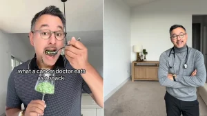 A cancer doctor has made an unlikely vegetable the star of his snack routine - and the way he eats his frozen peas, from a wine glass, has left people shocked.