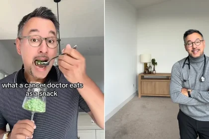 A cancer doctor has made an unlikely vegetable the star of his snack routine - and the way he eats his frozen peas, from a wine glass, has left people shocked.