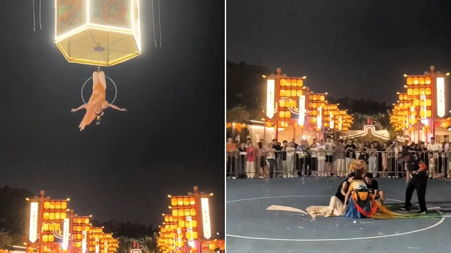 A circus performer broke her leg after plunging onto concrete mid-show in Guangzhou, China, when her safety wire apparently snapped during an aerial hoop routine.