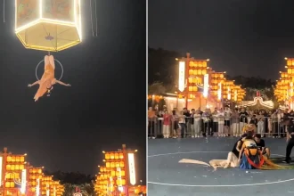 A circus performer broke her leg after plunging onto concrete mid-show in Guangzhou, China, when her safety wire apparently snapped during an aerial hoop routine.