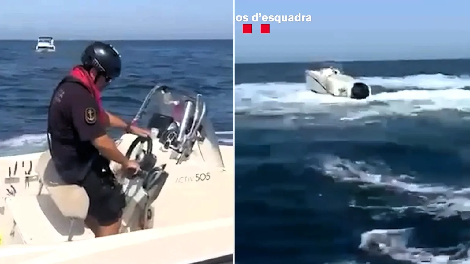 Dramatic footage shows a police officer leaping onto a runaway boat circling out of control off the Spanish coast - after its skipper fell into the sea.