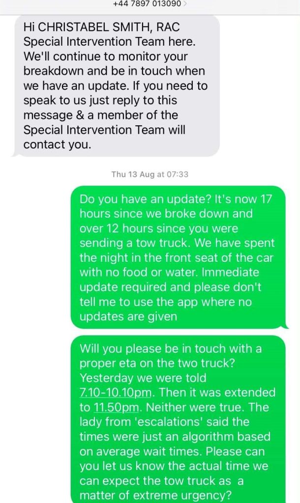 A couple in their 60s slept upright in their broken-down van for 25 hours with no food or water - then the RAC offered them just £85 for the ordeal.