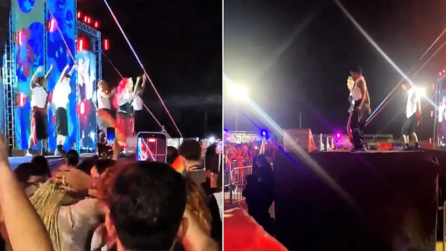 A pair of dancers were swallowed up by the ground after part of a stage collapsed mid-concert - with the singer carrying on seemingly unaware of the drama.