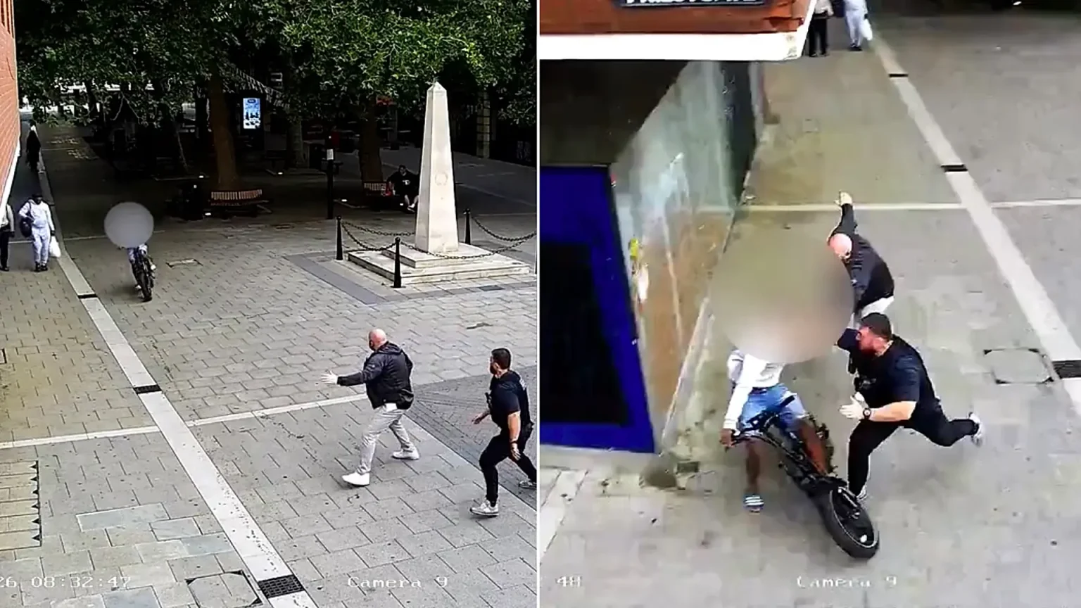 Dramatic footage shows a police officer tackling an e-bike rider to the ground in seconds after he allegedly failed to stop - during a city centre crackdown in Peterborough.