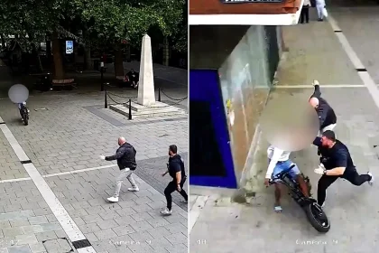 Dramatic footage shows a police officer tackling an e-bike rider to the ground in seconds after he allegedly failed to stop - during a city centre crackdown in Peterborough.