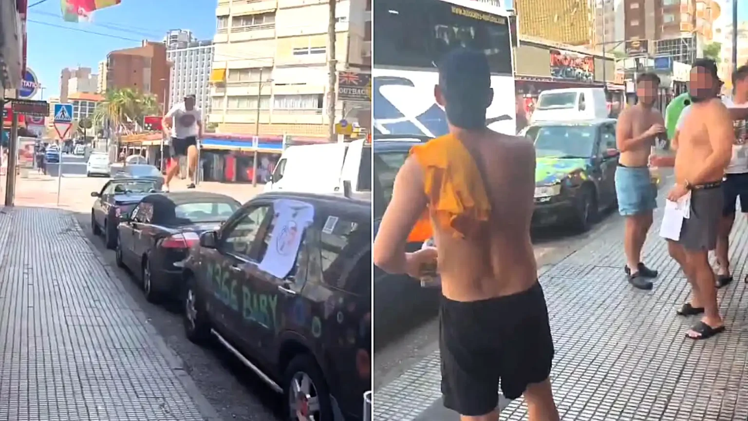 A sombrero-wearing "drunk Brit" was filmed sprinting across a row of parked cars in Benidorm - before smashing a windscreen with a flying two-footed kick.