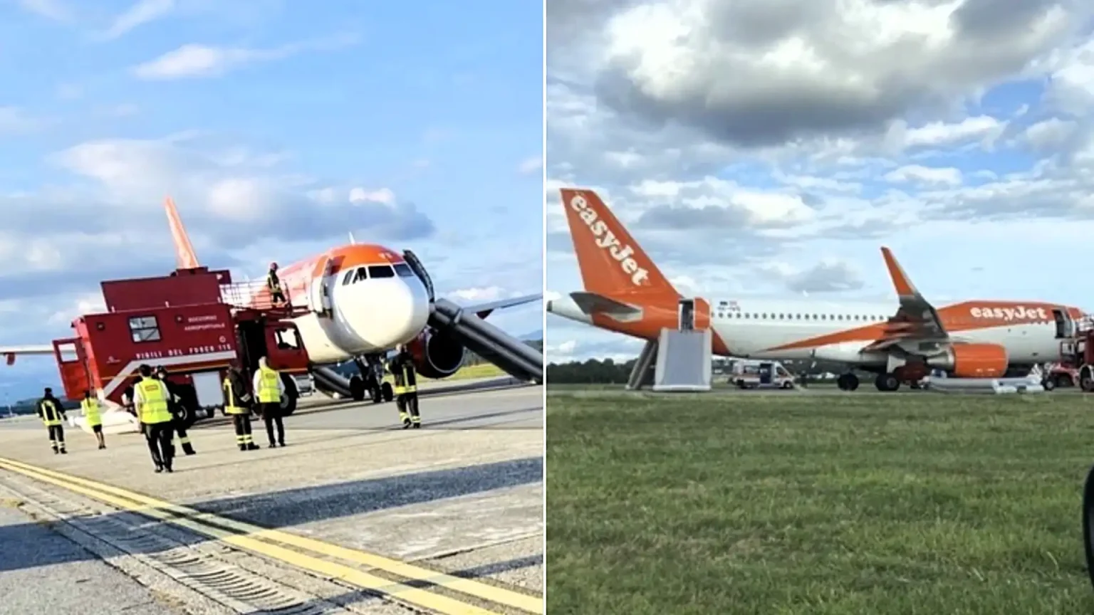 Passengers fled down emergency chutes after a power bank burst into flames in an overhead locker on a taxiing EasyJet plane - as smoke filled the cabin.