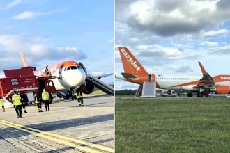 Passengers fled down emergency chutes after a power bank burst into flames in an overhead locker on a taxiing EasyJet plane - as smoke filled the cabin.