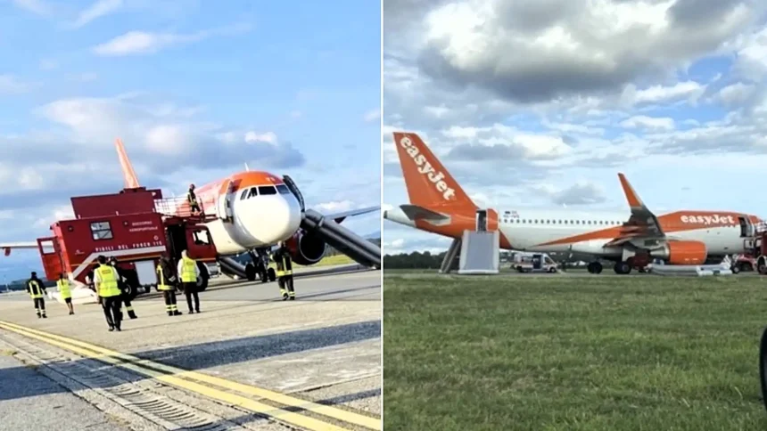 Passengers fled down emergency chutes after a power bank burst into flames in an overhead locker on a taxiing EasyJet plane - as smoke filled the cabin.