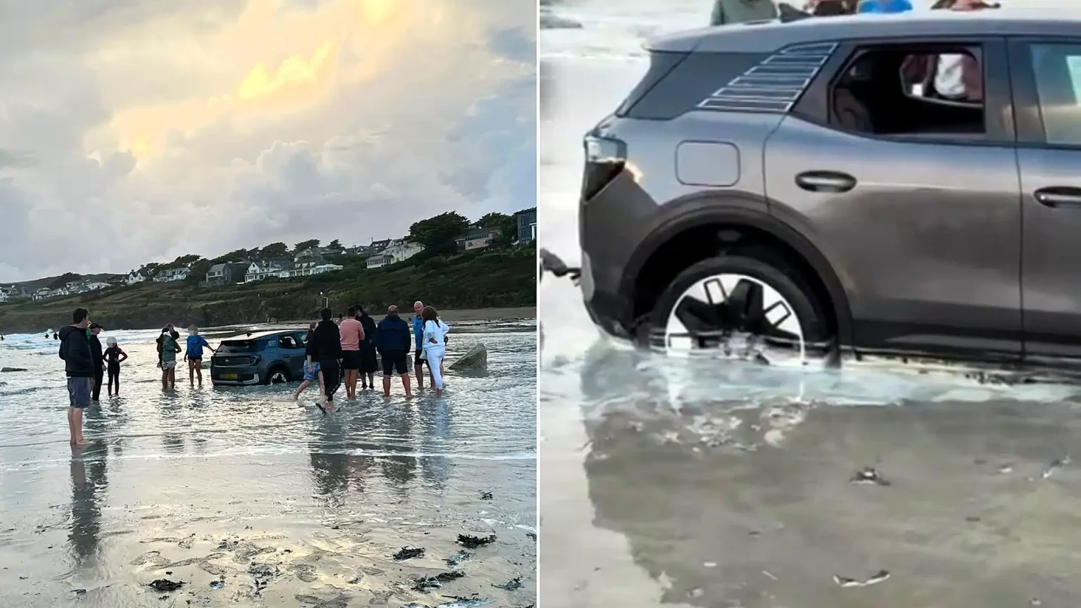 A car was left stranded on a Cornish beach with its wheels buried in sand as the tide crept in - and onlookers joked it should be put in a bowl of rice.