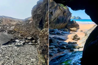 A famous cave from BBC drama Poldark was feared gone forever after a huge cliff collapse in Cornwall - but locals believe the holy well survives behind the rockfall.