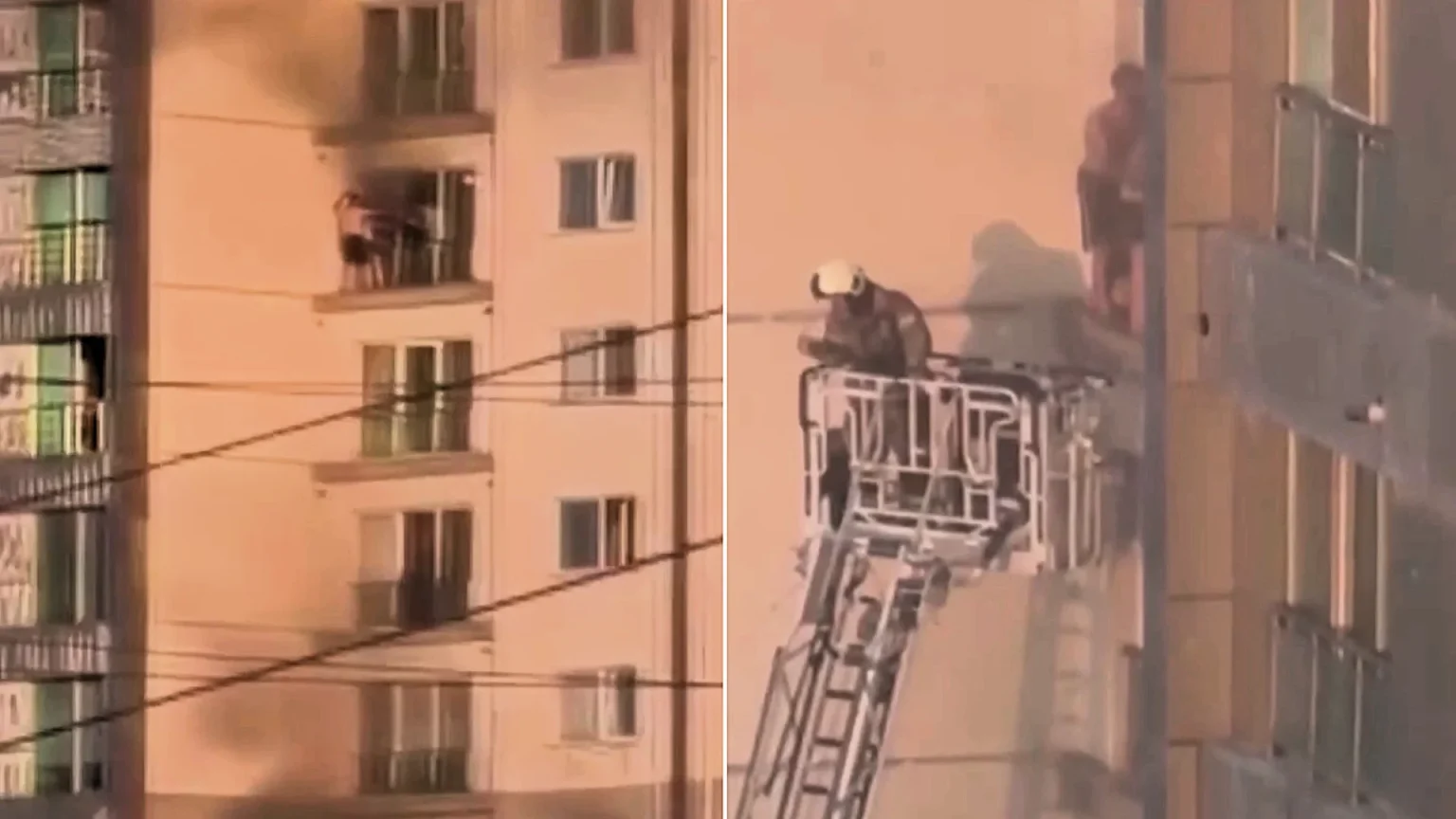 Shocking footage shows a father and son clinging to a razor-thin ledge above a dizzying drop as smoke swallowed their 28-storey tower block.