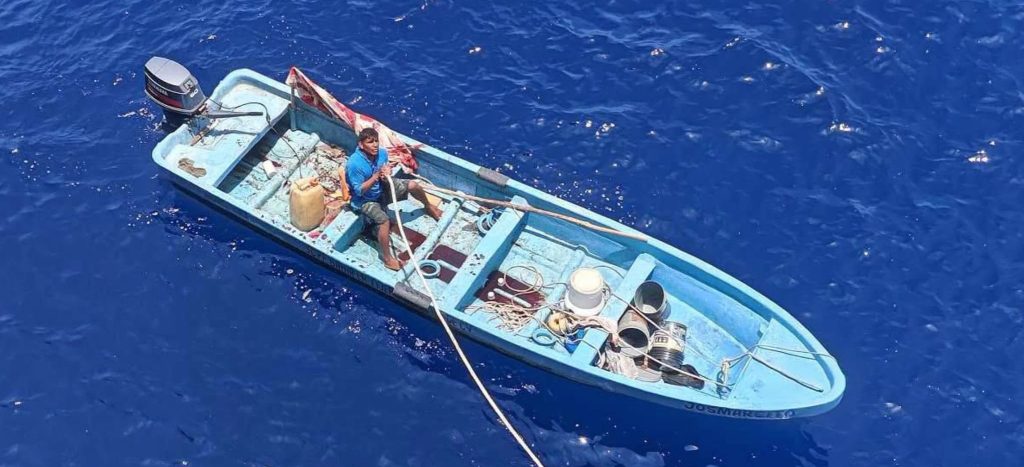 A fisherman has been rescued alive after eight days adrift in the Pacific - found in his tiny boat almost 300 miles from shore, dehydrated but stable.