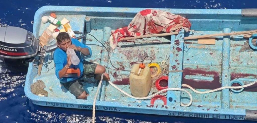 A fisherman has been rescued alive after eight days adrift in the Pacific - found in his tiny boat almost 300 miles from shore, dehydrated but stable.