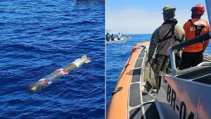 Fishermen hunting marlin off Mexico were stunned to find what looked like a live torpedo bobbing in the Pacific - and feared it would explode if touched.