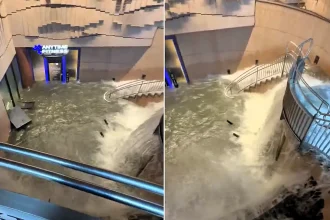 Dramatic footage shows floodwater cascading down a staircase like a waterfall after 104mm of rain battered Nagoya in just one hour - forcing 2,700 to flee.