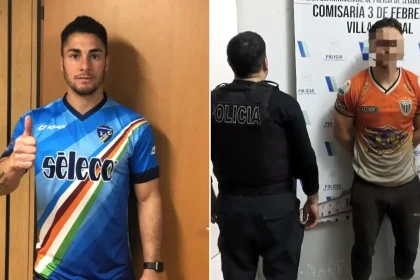 A footballer has been arrested after allegedly wrestling a police officer's gun away from her in the street - before the former River Plate star ran off with it.