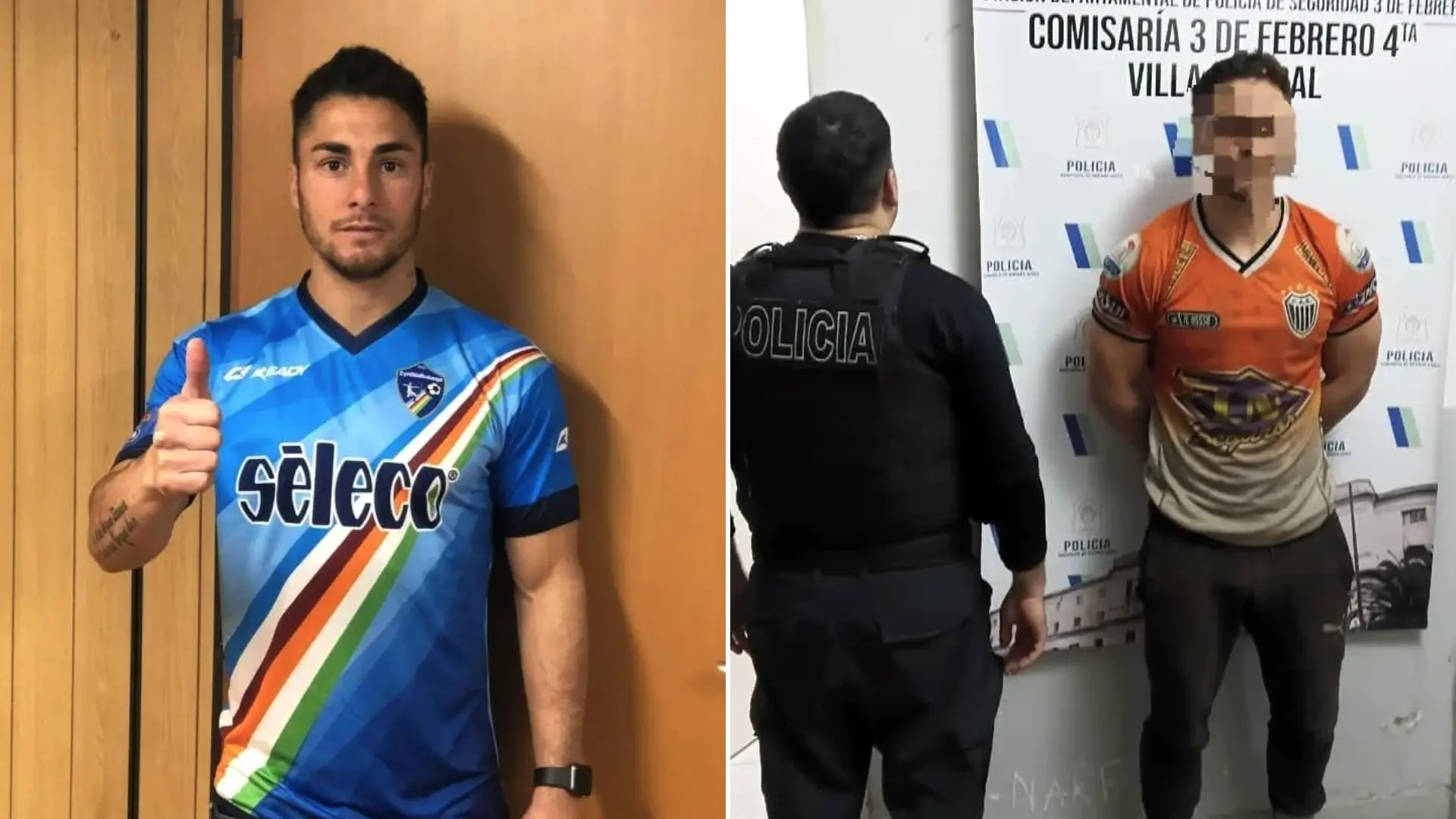 A footballer has been arrested after allegedly wrestling a police officer's gun away from her in the street - before the former River Plate star ran off with it.