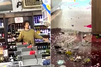 A furious shopper smashed nearly £9,000 of wine bottles in a supermarket rampage after his card was declined - hurling them at the floor in a crash helmet.