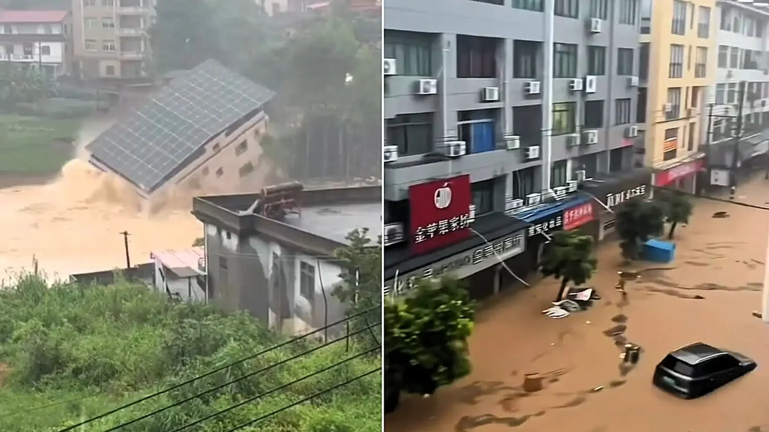 Dramatic footage shows fridges and furniture swept down Chinese streets as a once-in-a-century downpour floods Fujian - and a three-storey building collapses in seconds.