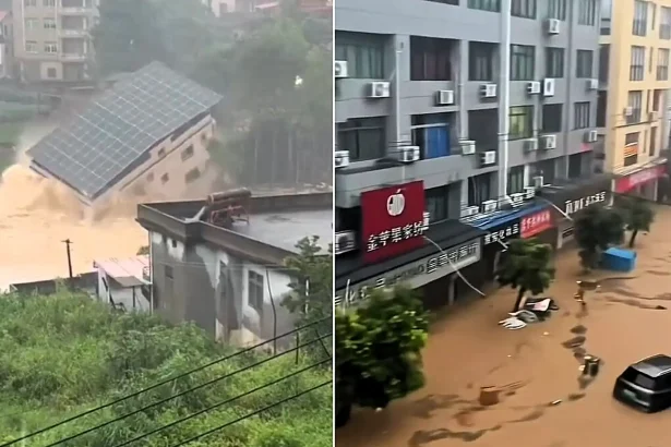 Dramatic footage shows fridges and furniture swept down Chinese streets as a once-in-a-century downpour floods Fujian - and a three-storey building collapses in seconds.