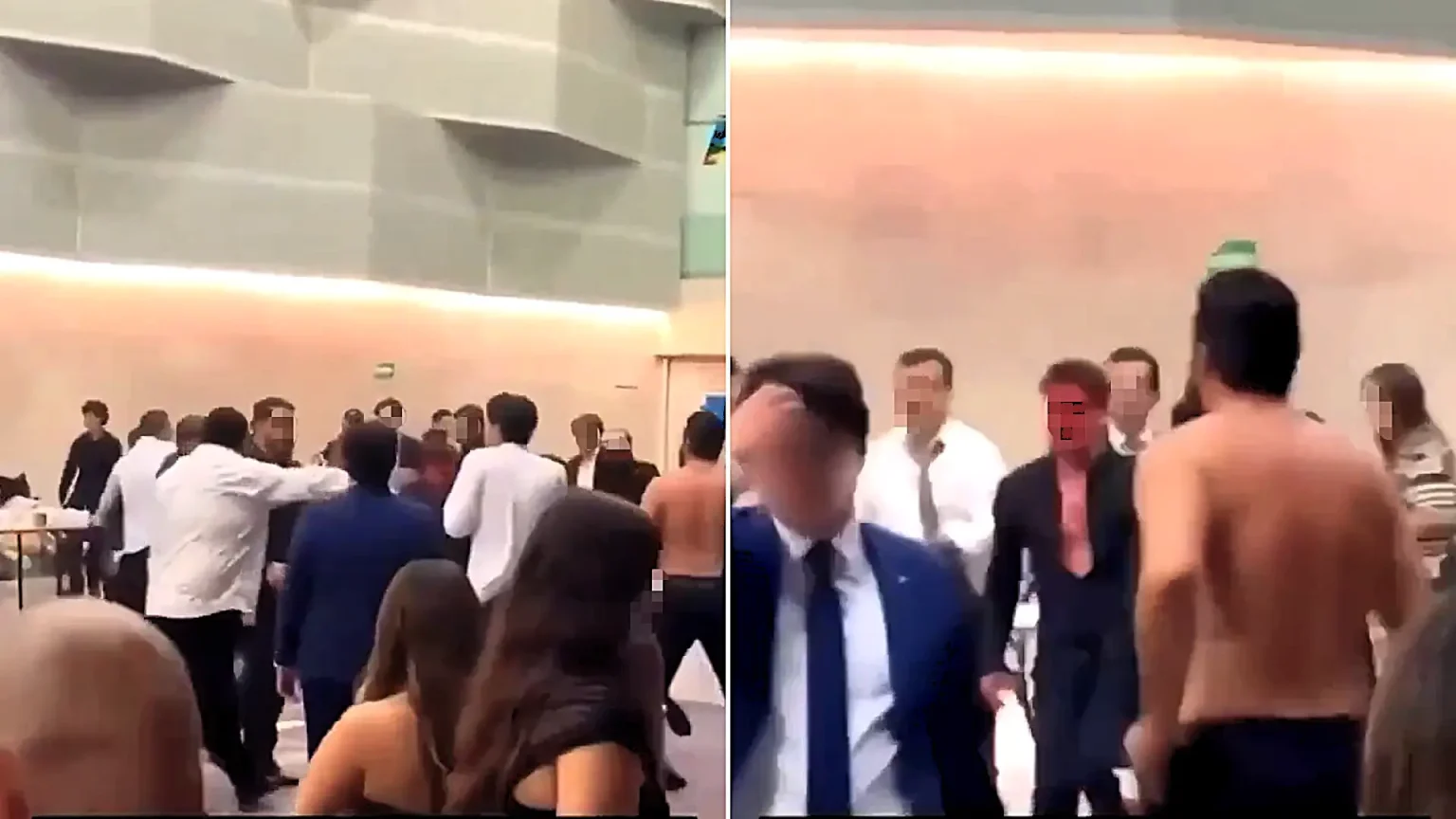 A graduation party descended into a mass brawl after students and their families began throwing punches, chairs and bottles - leaving one man's face covered in blood.
