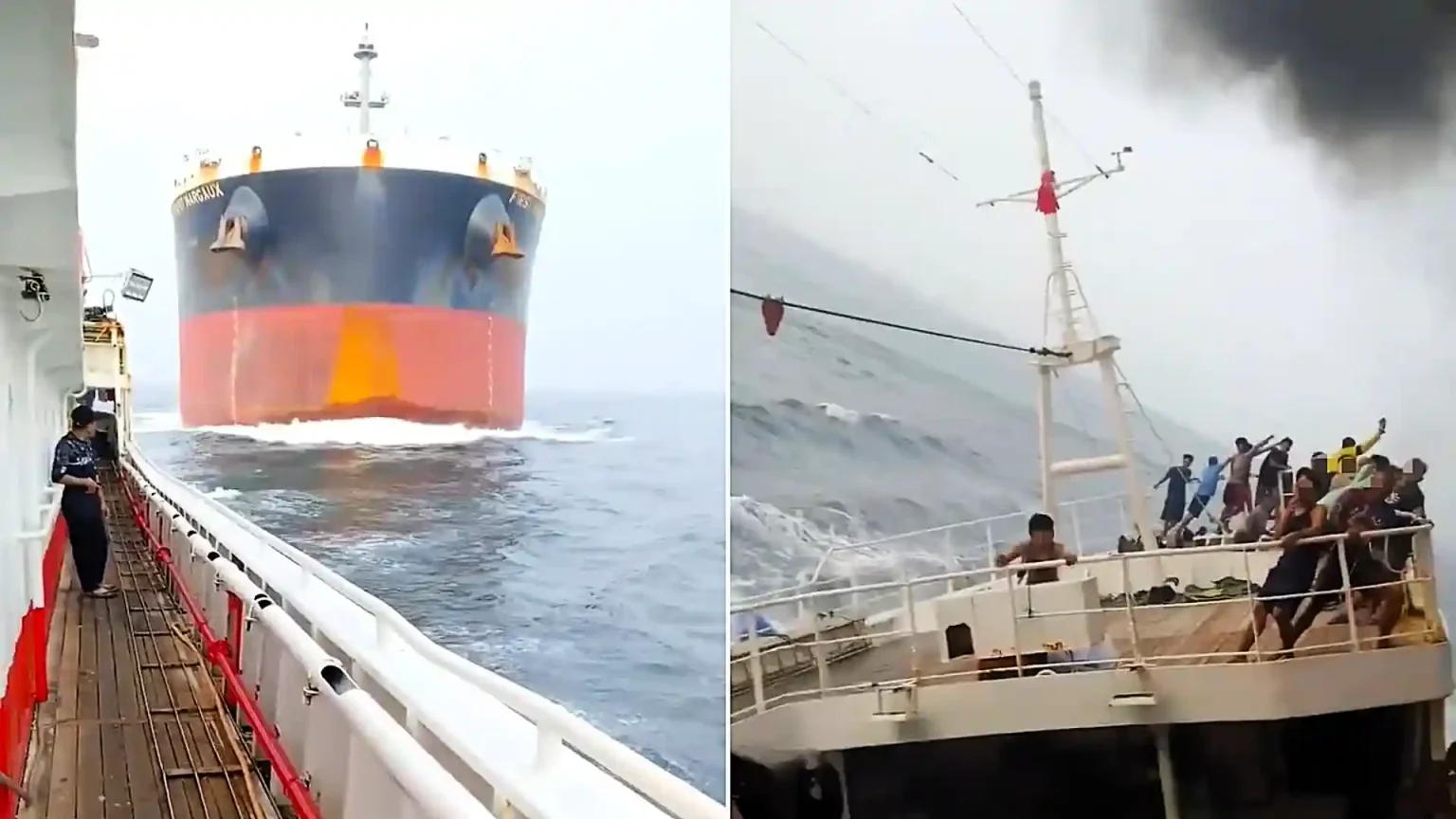 Dramatic footage shows a 751ft cargo ship slamming into a tiny Chinese fishing boat near Singapore - sending water flooding across its deck.
