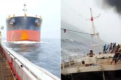 Dramatic footage shows a 751ft cargo ship slamming into a tiny Chinese fishing boat near Singapore - sending water flooding across its deck.