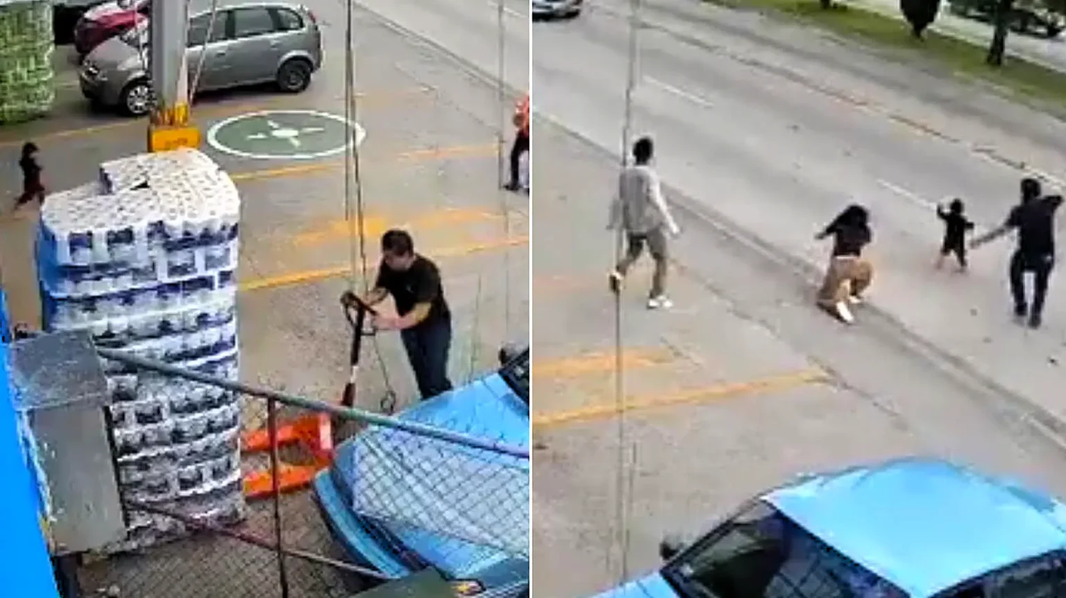 Heart-stopping CCTV shows a shop worker sprinting into traffic and diving to snatch a little girl from the path of a pickup truck in the nick of time.