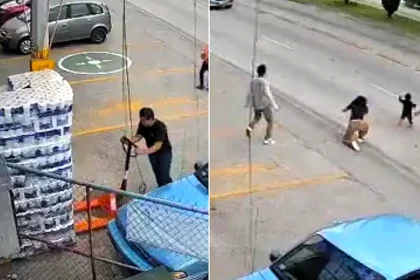 Heart-stopping CCTV shows a shop worker sprinting into traffic and diving to snatch a little girl from the path of a pickup truck in the nick of time.