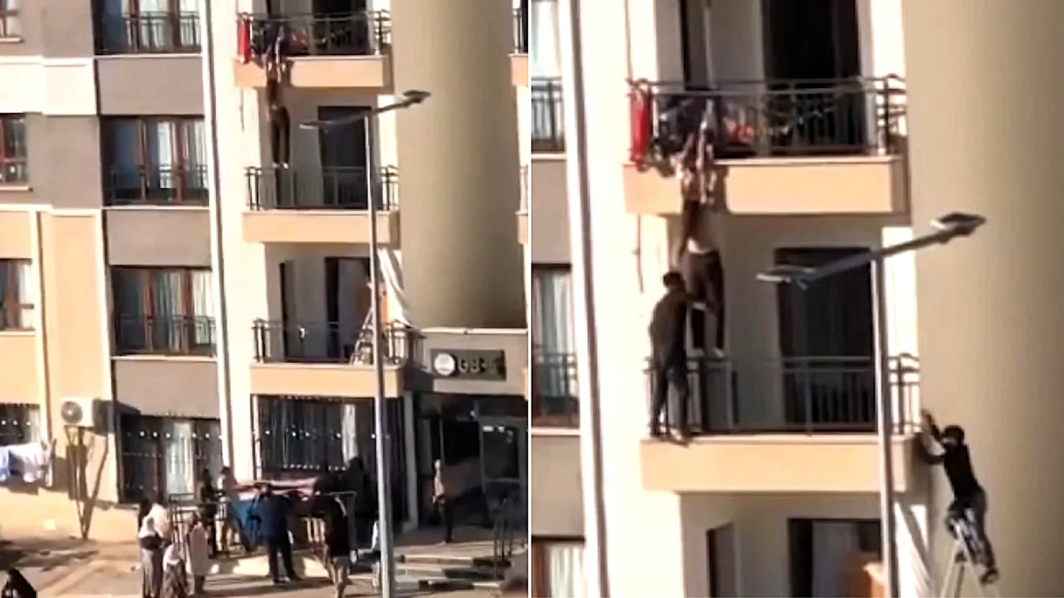Two men scaled the outside of a building like Spider-Man to save a girl dangling from a third-floor balcony as relatives clung to her hands from above.