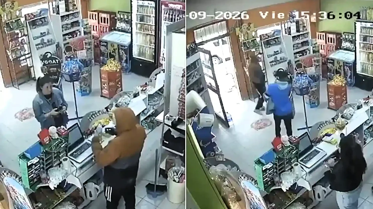 A hooded thief stopped mid-robbery to serve a customer - scanning her shopping, taking payment and handing over a receipt while a worker was locked in the toilet.