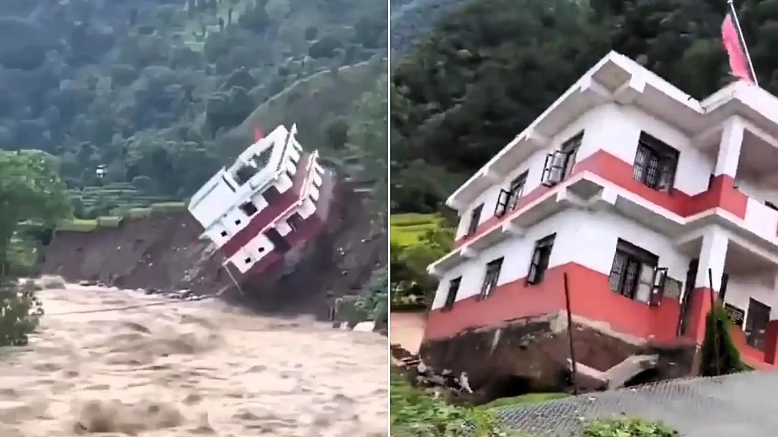 Terrifying footage shows a two-storey government building being washed away in Nepal, where floods and landslides have killed at least 24 people and left 14 missing.