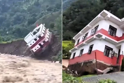 Terrifying footage shows a two-storey government building being washed away in Nepal, where floods and landslides have killed at least 24 people and left 14 missing.