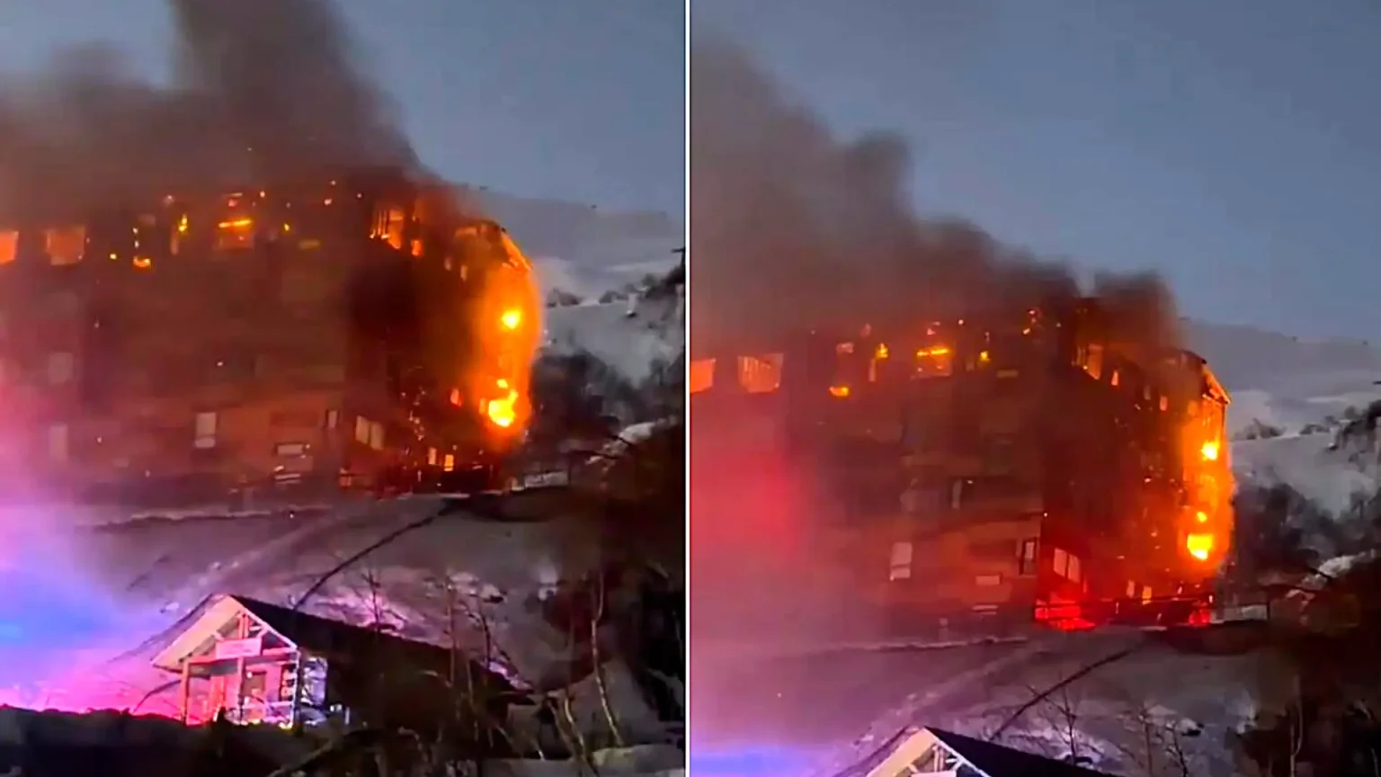 Around 150 guests fled a Chilean ski resort hotel after a fire tore through the building - dramatic footage shows flames engulfing the Hotel Alto Nevados.