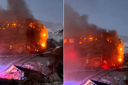 Around 150 guests fled a Chilean ski resort hotel after a fire tore through the building - dramatic footage shows flames engulfing the Hotel Alto Nevados.