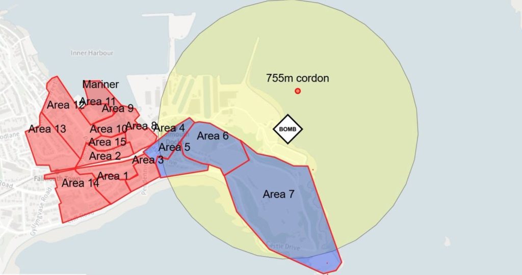 More than 300 homes are being evacuated after a suspected 250lb World War Two bomb was discovered in the sea near Falmouth Docks - sparking a huge exclusion zone.