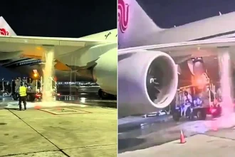 Shocking footage shows the moment a refuelling truck drove off with hoses still attached to an Air China jumbo jet at JFK, causing a huge fuel leak across the tarmac.