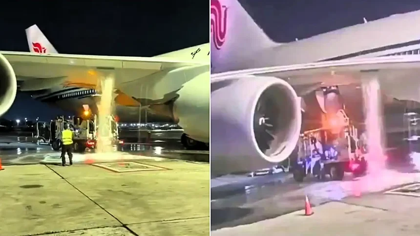 Shocking footage shows the moment a refuelling truck drove off with hoses still attached to an Air China jumbo jet at JFK, causing a huge fuel leak across the tarmac.