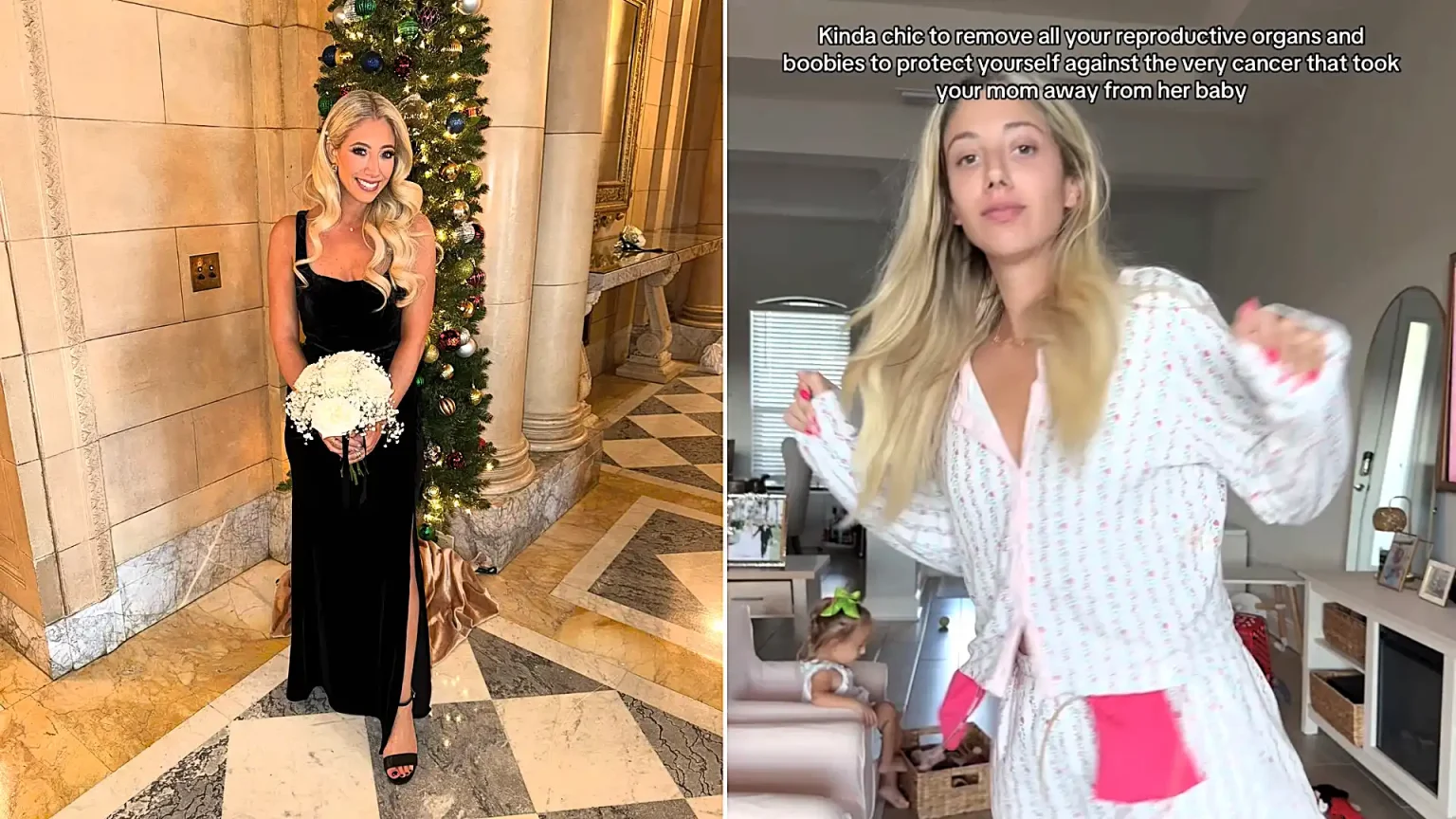 An influencer danced with her surgery drains after having her reproductive organs and breasts removed to dodge the cancer that killed her mum when she was seven.