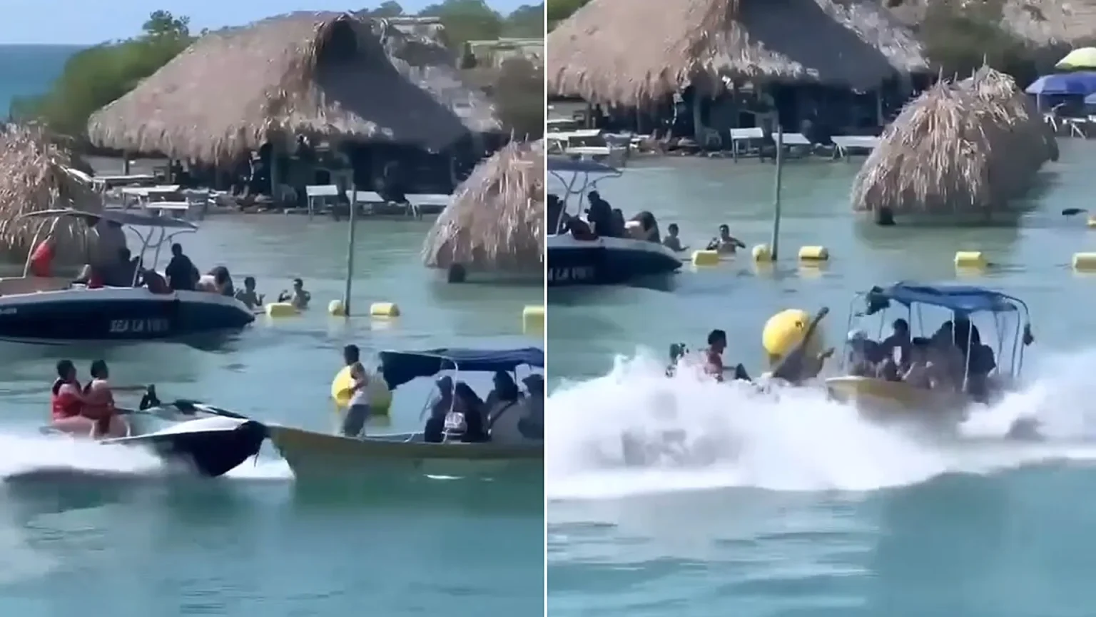 A speeding jet ski smashed into a tourist boat at a packed holiday hotspot, hurling a man overboard in front of stunned onlookers - all caught on camera.