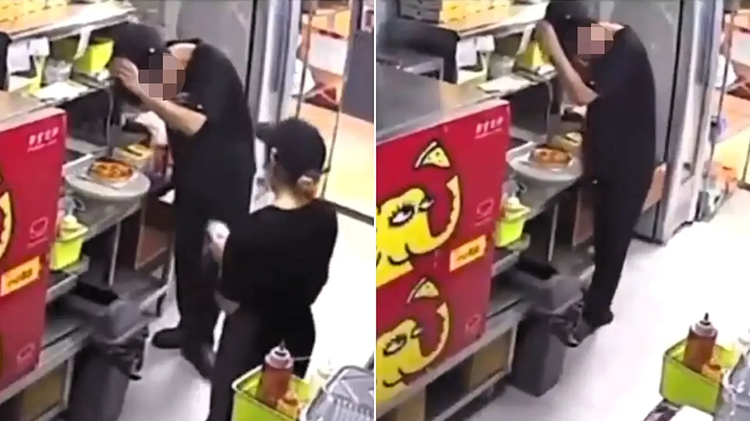 A pizza worker was caught on an open kitchen camera rubbing his scalp to shake dandruff onto a customer's order after a row - with colleagues chatting nearby.
